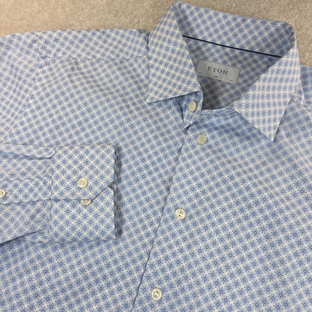 Eton Dress Shirt Mens 44/17½ Blue Micro Floral Medallion Slim Fit Long Sleeve